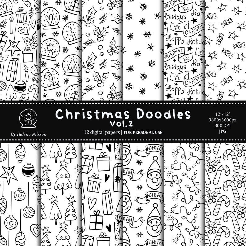 Christmas Doodles digital paper pack vol.2 12 printable papers for personal use hand drawn black and white winter patterns image 1