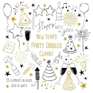 Nieuwjaar Doodles Clipart - 75 transparante PNG-afbeeldingen voor persoonlijk gebruik - 25 elementen x 3 kleuren - zwart, goud & wit oudejaarsavond