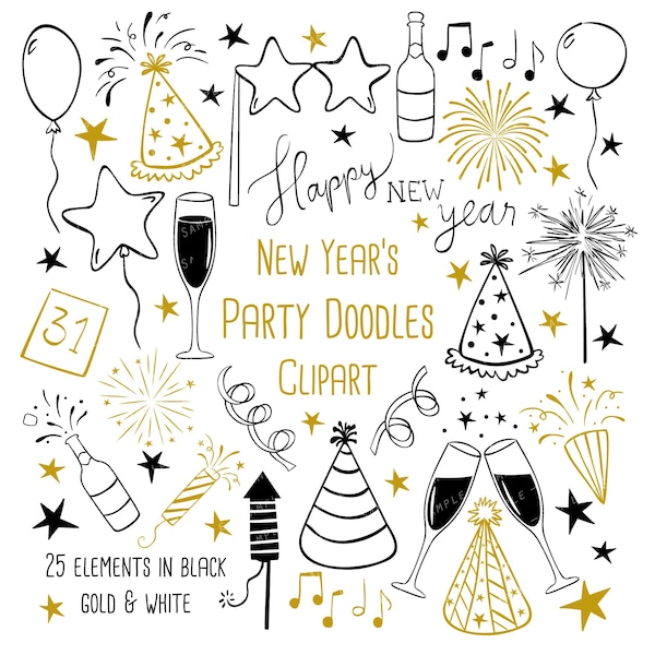 New Year Doodles Clipart - 75 transparent PNG images for personal use - 25 elements x 3 colors - black, gold & white new year's eve