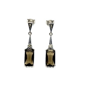 Art Deco Style Marcasite / Smoky Quartz Rectangle Drop Earrings - 925 Sterling Silver