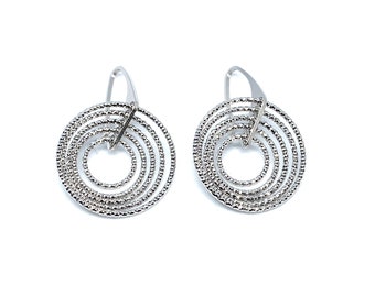 Art Nouveau Style Diamond Cut Multi-Tiered Circular Drop Earrings - 925 Sterling Silver