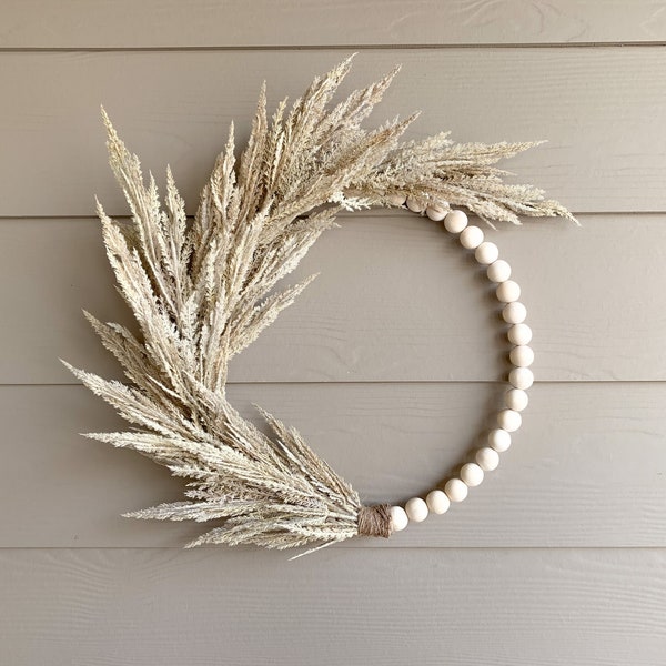 Artificial Pampas Grass Wreath, Boho Wood Bead Wreath, Beige Nursery Hoop Wreath, Neutral Front Door Wreath, All Year Round Wreath,