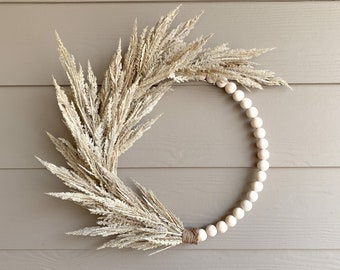 Artificial Pampas Grass Wreath, Boho Wood Bead Wreath, Beige Nursery Hoop Wreath, Neutral Front Door Wreath, All Year Round Wreath,