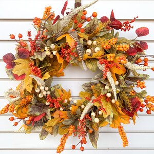 Fall Leaf and Berry Wreath, Fall Wreath For Front Door, Autumn Orange Berry Wreath, Thankgiving Wreath, Fall Foliage Wreath, Red Fall Wreath