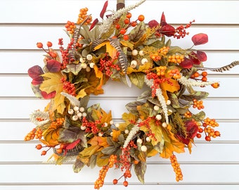 Fall Leaf and Berry Wreath, Fall Wreath For Front Door, Autumn Orange Berry Wreath, Thankgiving Wreath, Fall Foliage Wreath, Red Fall Wreath