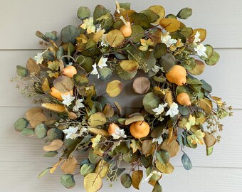 Fall Pear and Eucalyptus Wreath , Golden Yellow Autumn Leaf Wreath, Fall Wreath for Front Door, Artificial Greenery and Fruit Wreath