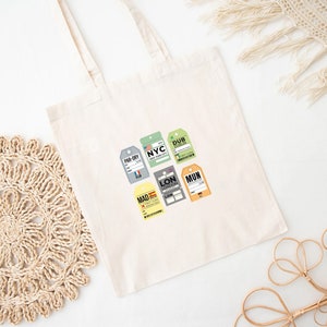 Travel Graphic Print Cotton Tote Bag: Airport Luggage Tags