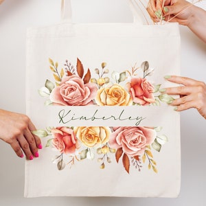 Floral Personalized Name Cotton Tote Bag, Bridesmaid Gift
