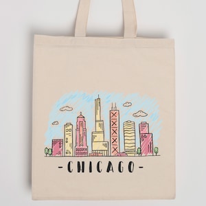 Chicago Skyline Graphic Print Cotton Tote Bag,  5 or more discount up to 50%, Custom name tote bag, Organic Cotton tote bag, Tote Bag