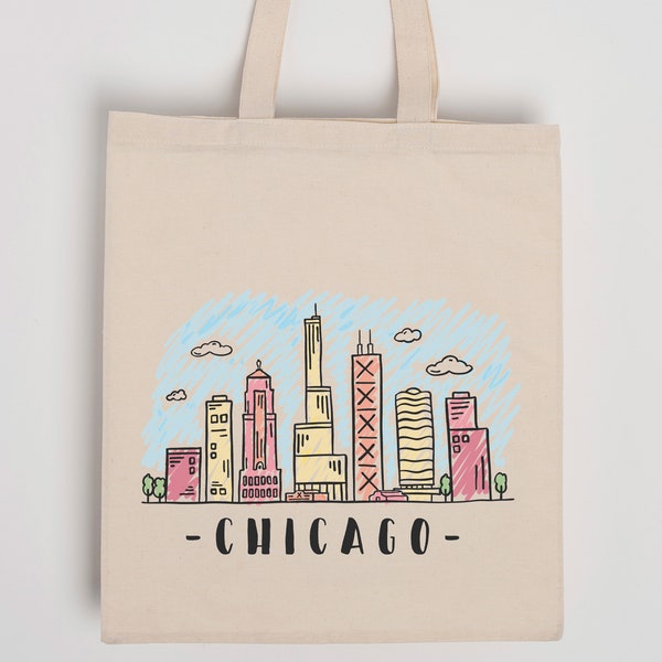 Chicago Skyline Graphic Print Cotton Tote Bag,  5 or more discount up to 50%, Custom name tote bag, Organic Cotton tote bag, Tote Bag