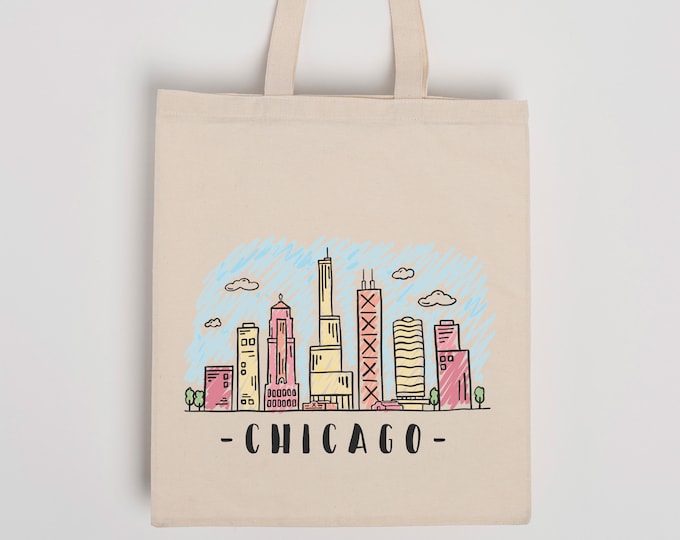 Chicago Skyline Graphic Print Cotton Tote Bag - Custom Name Available