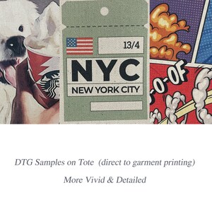 May include: A white tote bag with a green tag that says "NYC NEW YORK CITY" and "13/4". The tag is on a colorful comic book background with red, yellow, and blue colors.