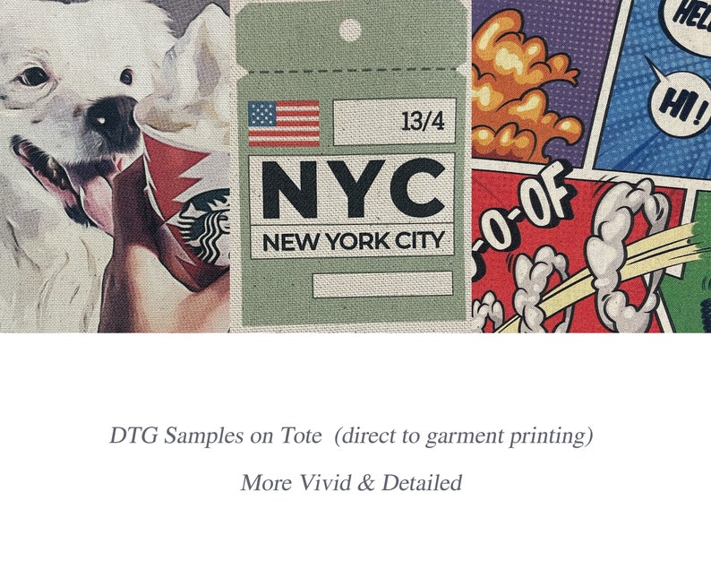 May include: A white tote bag with a green tag that says "NYC NEW YORK CITY" and "13/4". The tag is on a colorful comic book background with red, yellow, and blue colors.
