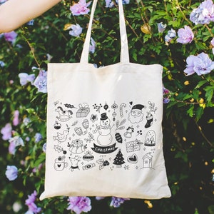 Christmas Cartoon Graphic Print Cotton Tote Bag