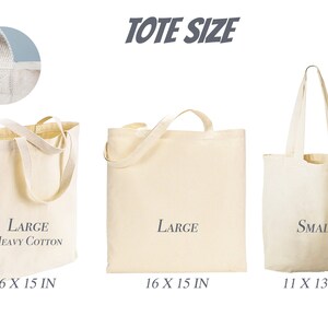 May include: Three tote bags in different sizes. The large tote bags are 16 x 15 inches and are made of heavy cotton. The small tote bag is 11 x 13 inches. All bags are a natural beige color.
