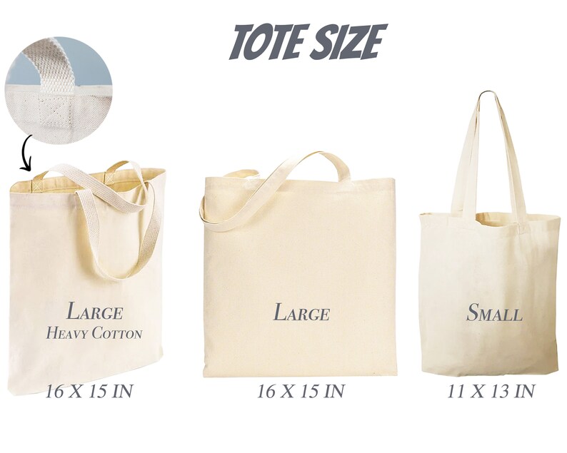 May include: Three tote bags in different sizes. The large tote bags are 16 x 15 inches and are made of heavy cotton. The small tote bag is 11 x 13 inches. All bags are a natural beige color.