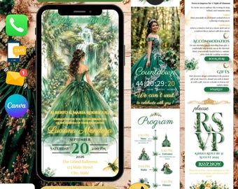 Enchanted Forest Emerald Green Quinceanera Invite For Princess Sweet16 | Editable Canva Invitation Save The Date Quinceanera | Canva Digital