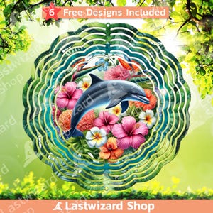 Dolphin Tropical Flowers Wind Spinner Png, Cute Dolphin Door Hanger Sublimation Template Png, Marine Animals Windspinner Design Decoration