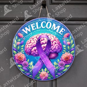 Alzheimer&#39;s Brain And Alzheimer&#39;s Ribbon Round Welcome Sign Png, Alzheimer Awareness Door Hanger 12 Inch Round PNG, Wreath Sign, Sublimation