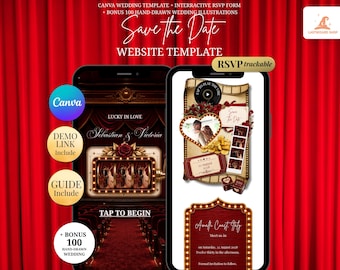 Lucky In Love Wedding Website Burgundy Save The Date Website Template | Vegas Wedding Website Editable Canva with Casino Theme