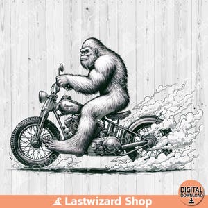 Bigfoot Riding moto classique Png, Yeti cadeau sublimation Design, Sasquatch Biker Clipart, Bigfoot Loving Png, Bigfoot Hunt, numérique