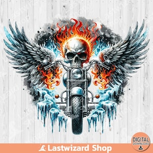 Peut inclure: Une illustration numérique d'une moto avec des flammes et des ailes. La moto est noire et argentée avec un crâne pour phare. Les ailes sont argentées et les flammes sont orange et jaunes.