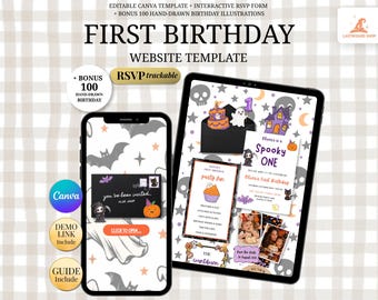 Cute Ghost Birthday Invitation Editable Canva for Little Boo Party | Spooky One Birthday Website Invitation with RSVP and Countdown