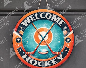 Vintage Hockey Skates Welcome Sign PNG, Round Door Hanger Sublimation Design, Ice Hockey Mom Porch Decor, Winter Sports Entryway Digital Art
