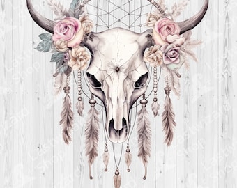 Boho Cow Skull PNG Clipart, Floral Longhorn Skull Watercolor, Western Sublimation Digital Download