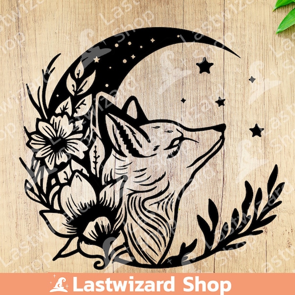 Fox head with moon and flower svg, Red fox Svg, Witch Svg, Tattoo, T shirt, Wall Decor, Cricut, silhouette, png, Gift for Fox Lovers
