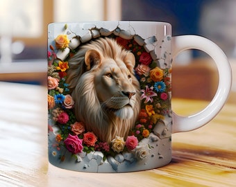 Floral Lion Mug Wrap PNG, Boho Lioness Sublimation Design, Spiritual King Lion Tumbler Wrap, Wildflower Animal Art for 11oz 15oz Coffee Mug