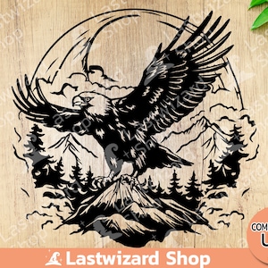 May include: Black and white silhouette of an eagle soaring above a mountain range with clouds in the background. The eagle is in flight with its wings spread wide. The mountains are jagged and rocky. The clouds are fluffy and white.