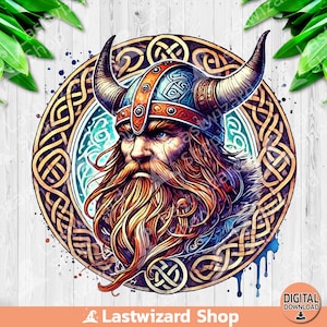 May include: A digital illustration of a Viking warrior with a long, flowing beard and a horned helmet. The warrior is surrounded by a Celtic knot design in gold and blue.