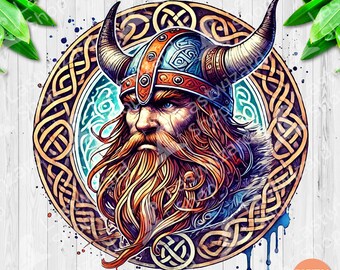 Watercolor Viking Warrior Head PNG, Norse Mythology Sublimation Design, Valhalla Warrior with Axes Clipart, Nordic Digital Download Art
