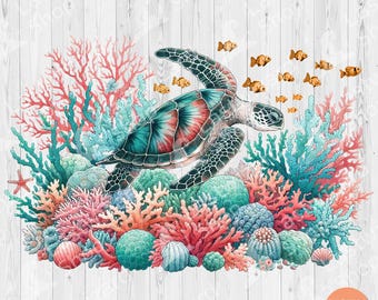 May include: A colourful digital illustration of a sea turtle swimming through a coral reef. The turtle is green, blue and red with a brown shell. The coral reef is a vibrant mix of pink, red and blue coral. There are small yellow fish swimming around the turtle.