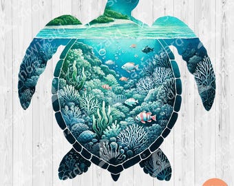 May include: A silhouette of a sea turtle with a colourful underwater scene inside. The scene includes coral reefs, fish, and seaweed. The turtle is outlined in black and the background is a white woodgrain pattern.