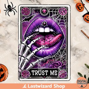 Carte de tarot Png Trust Me, sublimation Witchy Mama, chemise Shsss Witch Tarot, amoureux des squelettes, aquarelle pour les lèvres de sorcière, toile d'araignée