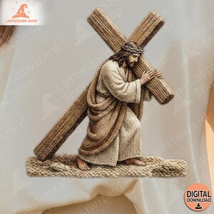3D knitted texture illustration of Jesus Christ carrying the wooden cross for Easter sublimation designs and religious crafts.