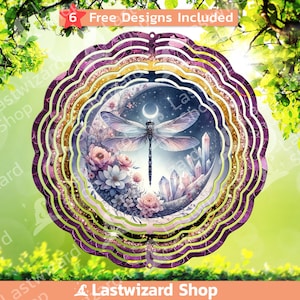 May include: A purple and gold metal wind spinner with a dragonfly, moon, and crystals design. The design is set against a dark blue background with white stars. The wind spinner has six layers.