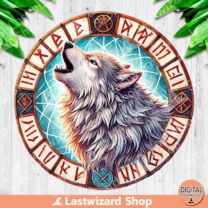 Puede incluir: Un lobo blanco aullando a la luna, rodeado de un diseño circular de runas y símbolos en tonos marrones, azules y blancos.