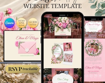 Wedding Invitation Template Pink Floral Canva For Soft & Fairytale Romantic Couples | Editable Canva Wedding Invitation Blush Pink |
