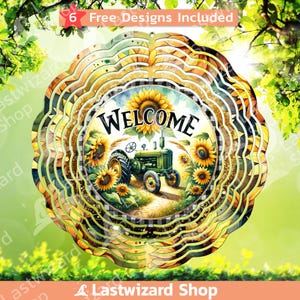 May include: A metal wind spinner with a welcome sign and a green tractor surrounded by sunflowers. The wind spinner has a black and white checkered pattern and a gold glitter background.