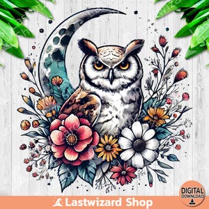 Hibou avec des fleurs avec la lune PNG, Design floral en sublimation hibou, aquarelle hibou avec des cliparts fleur, amateurs d'oiseaux, hibou Boho, téléchargement numérique