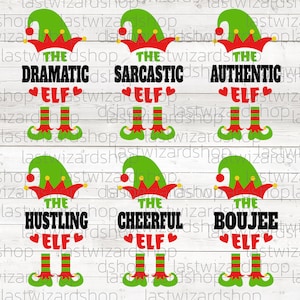 Puede incluir: Seis diseños diferentes de duendes navideños con sombreros verdes y botas rojas. Cada diseño presenta una frase diferente, incluyendo "The Dramatic Elf", "The Sarcastic Elf", "The Authentic Elf", "The Hustling Elf", "The Cheerful Elf" y "The Boujee Elf".
