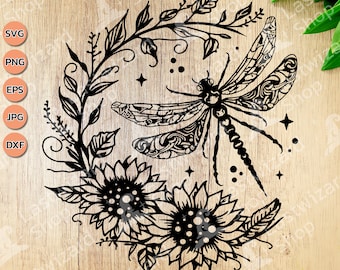 Magic Floral Dragonfly Svg, Boho Moon Svg, Magic Dragonflies Svg, Boho Dragonfly Garden Svg, Cricut, Png, Wild Flowers Lover, Wedding