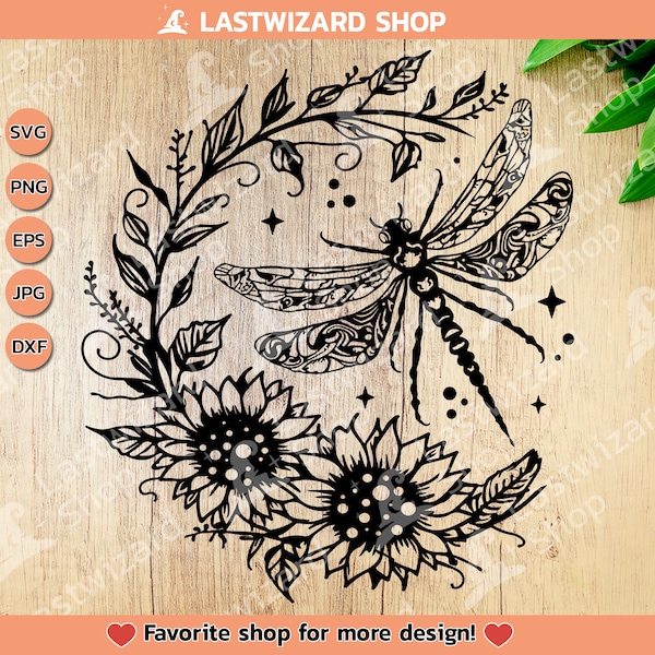 Libellula floreale SVG, file di taglio della fase lunare Boho, sublimazione di insetti botanici, libellula celeste PNG, decorazione mistica della natura per Cricut