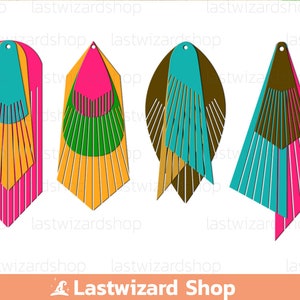 May include: Four pairs of colourful geometric earrings with layered shapes and fringe details. The earrings are made of wood and have a variety of colours, including pink, blue, green, yellow, brown, and orange.
