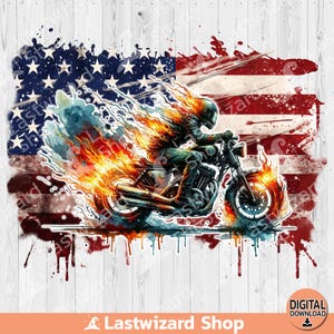 Motard avec drapeau américain en feu : design par sublimation (PNG)