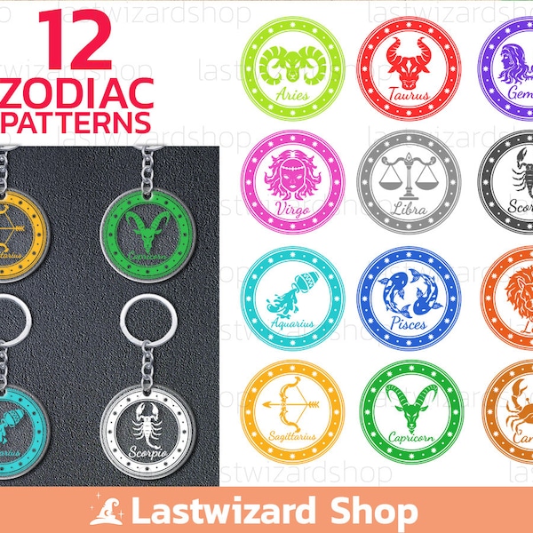 12 Zodiac Keychain Svg, Horoscope Signs Keyring Background Svg, Personality Key Fob Svg, Zodiac Signs months Keychain Patterns Png Eps Dxf