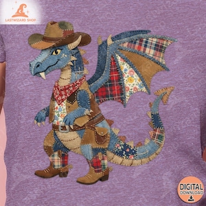May include: A whimsical patchwork dragon wearing a cowboy hat, vest, and boots. The dragon is primarily blue with brown, red, and floral accents. The image includes the text "DIGITAL DOWNLOAD" and the shop name "LASTWIZARD SHOP".